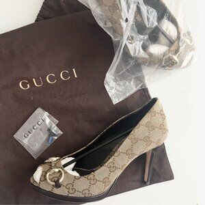 Gucci GG Signature Logo Heels with Gold Horsebit / Size 36